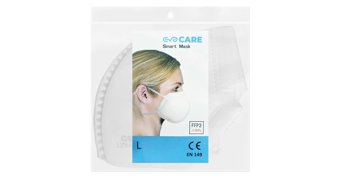 FFP3 maszk, EVO CARE SMART, fehér, gumipántos, szelep nélküli, 99%-os ...