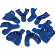 Impression tray (#2), made of plastic, colour: light blue, perforated, serrated, for lower jaw L, 1 piece