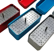 Aluminium sterilisation box with 72 holes for storing FG drills, dimensions 105x45x50 mm, in various colours