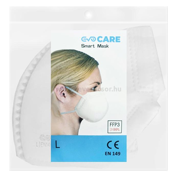 FFP3 maszk, EVO CARE SMART, fehér, gumipántos, szelep nélküli, 99%-os szűrés, 1 db