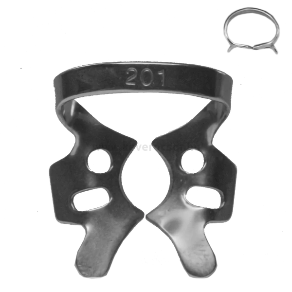 Rubber dam clamp, ivory, with wing, type 201, for upper molars, 1 piece
