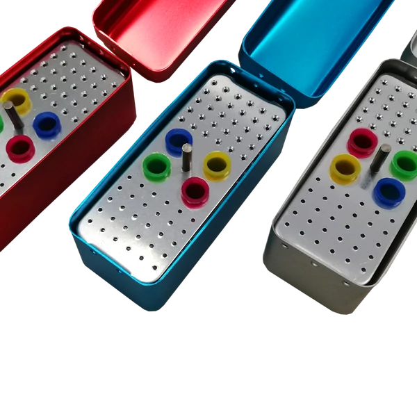 Endo-sterilisation box (60 holes, 4 rubber compartments) for endo needles, FG drills and gutta-percha tips, - in various colours