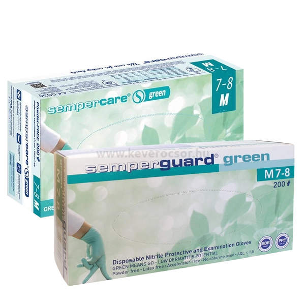 Semper® GREEN (nemcsak nevében zöld) púdermentes nitril kesztyű, 200 db/doboz