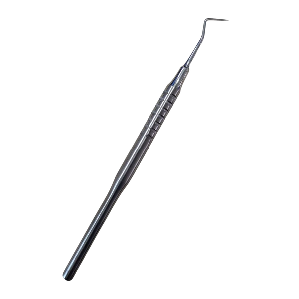 Sondă dentară cu mâner mai gros, argintie, cu mâner rotund lung de 16 cm