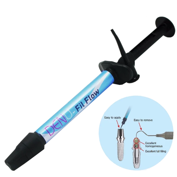 DENU fil flow,sárga,  implantátumfejek lezárásához id. foly. tömőanyag, 1,2 ml (2g) + 2 db kanül