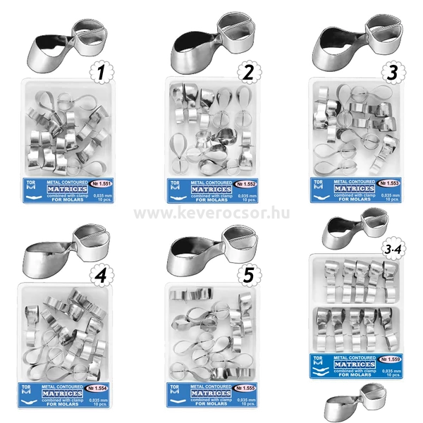 TOR - Embossed metal matrices with clamp for molars, 0.035mm, 10 pieces - in various designs