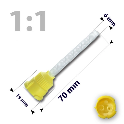 Mixing Tips, 50 pcs, yellow, non pointed, for liquid A-silicone, 1:1, 70 mm