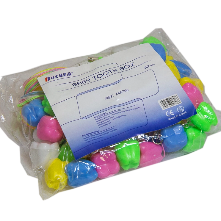 Milk-Teeth Holder Boxes, plastic, with necklace, teeth shaped, 50 pcs, in different colors