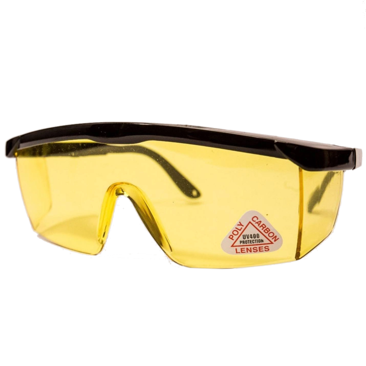 Védőszemüveg fekete tolószárral, sárga lencsével