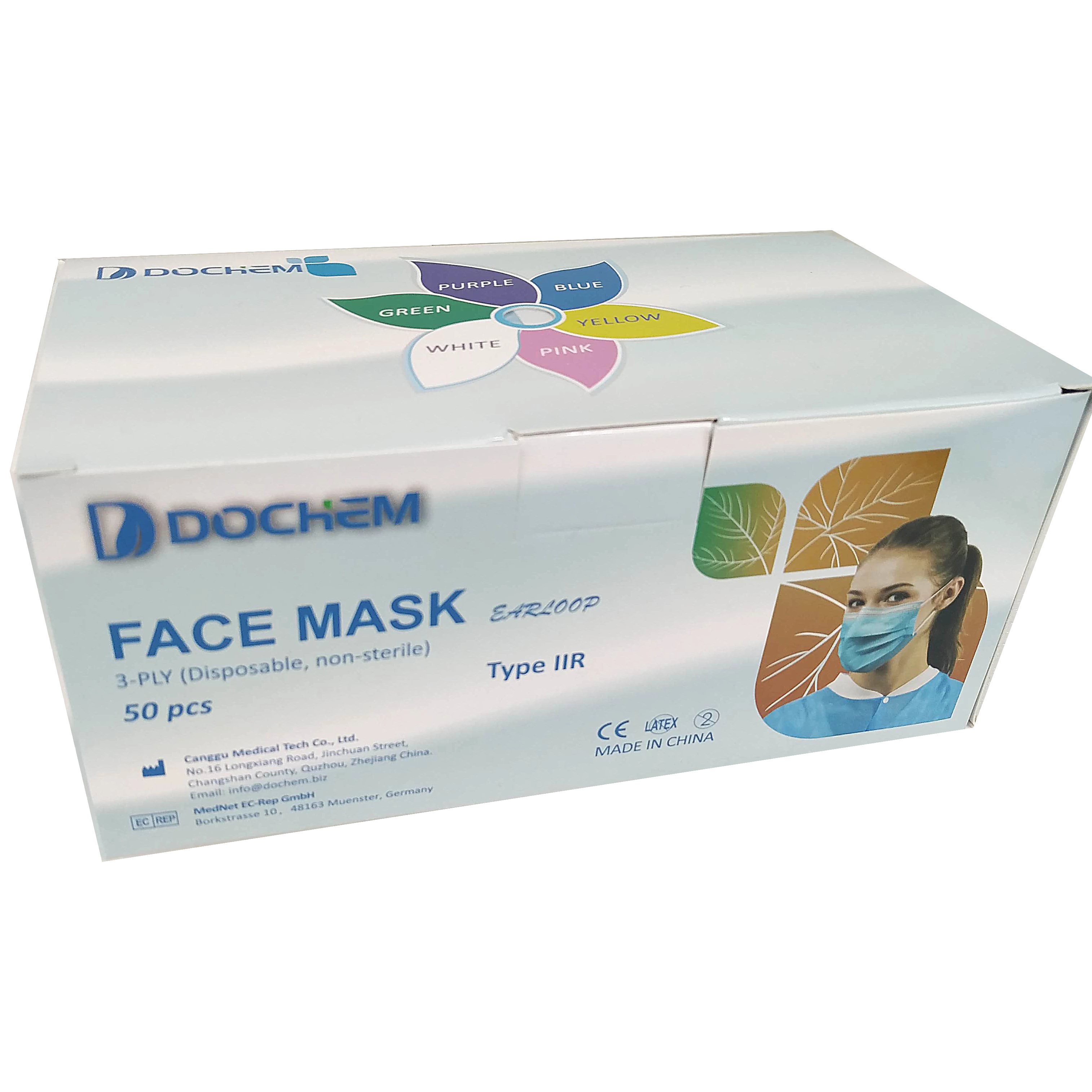 Face Mask, DOCHEM® Type IIR, 40x50 pcs, 3 ply, earloop, in blue