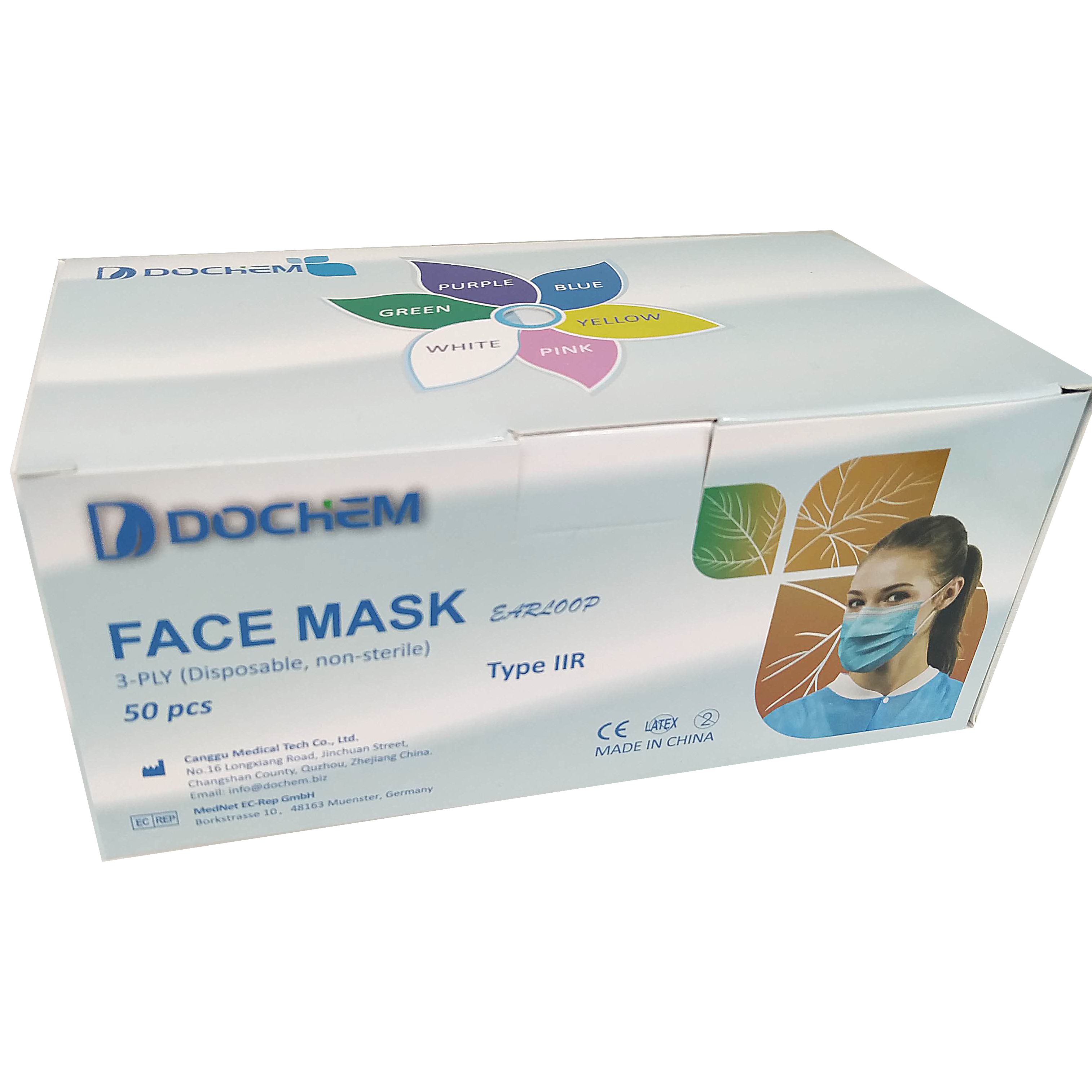 Face Mask, Type IIR, 50 pcs, 3 ply, earloop, in 2 colors