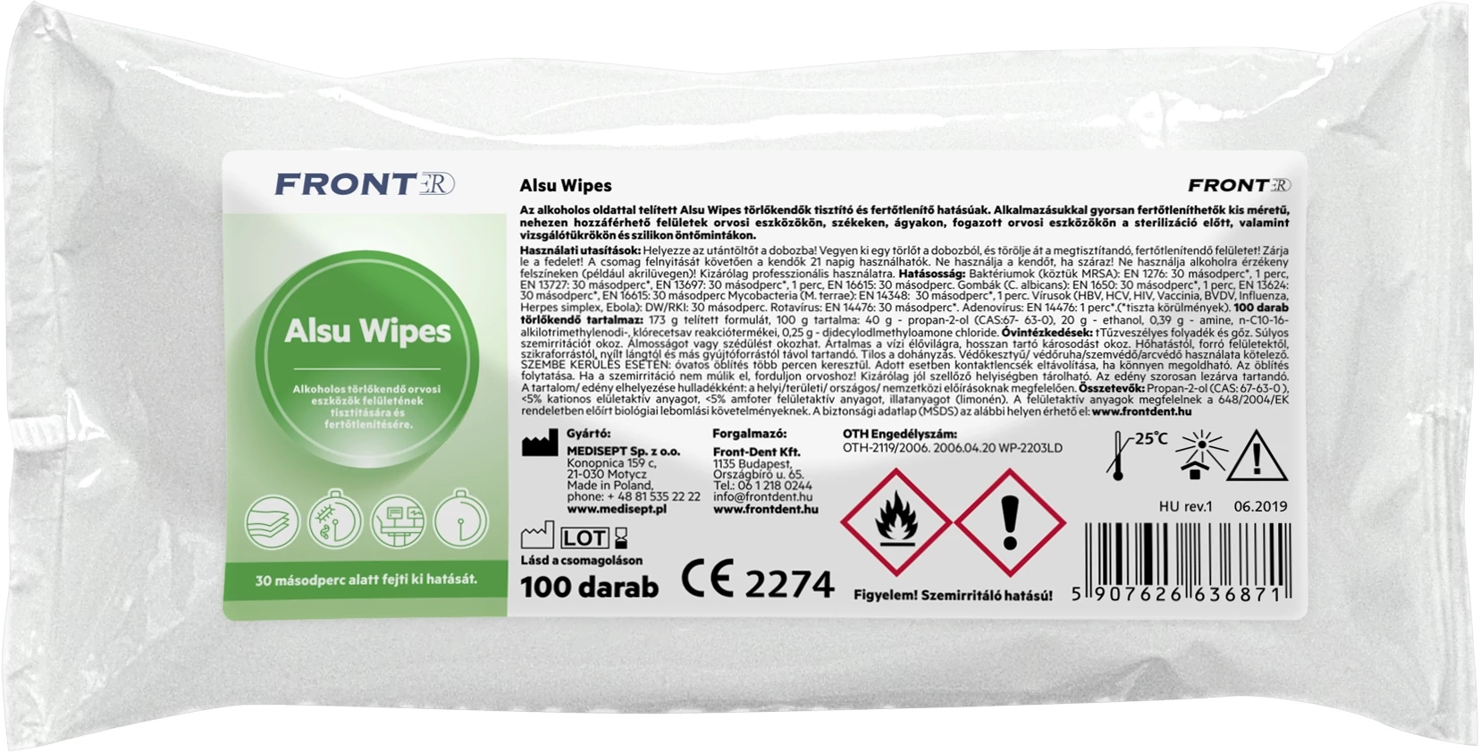 FrontER Alsu Wipes/Medisept Velox Wipes  alkoholos fertőtlenítő kendő, 100 db