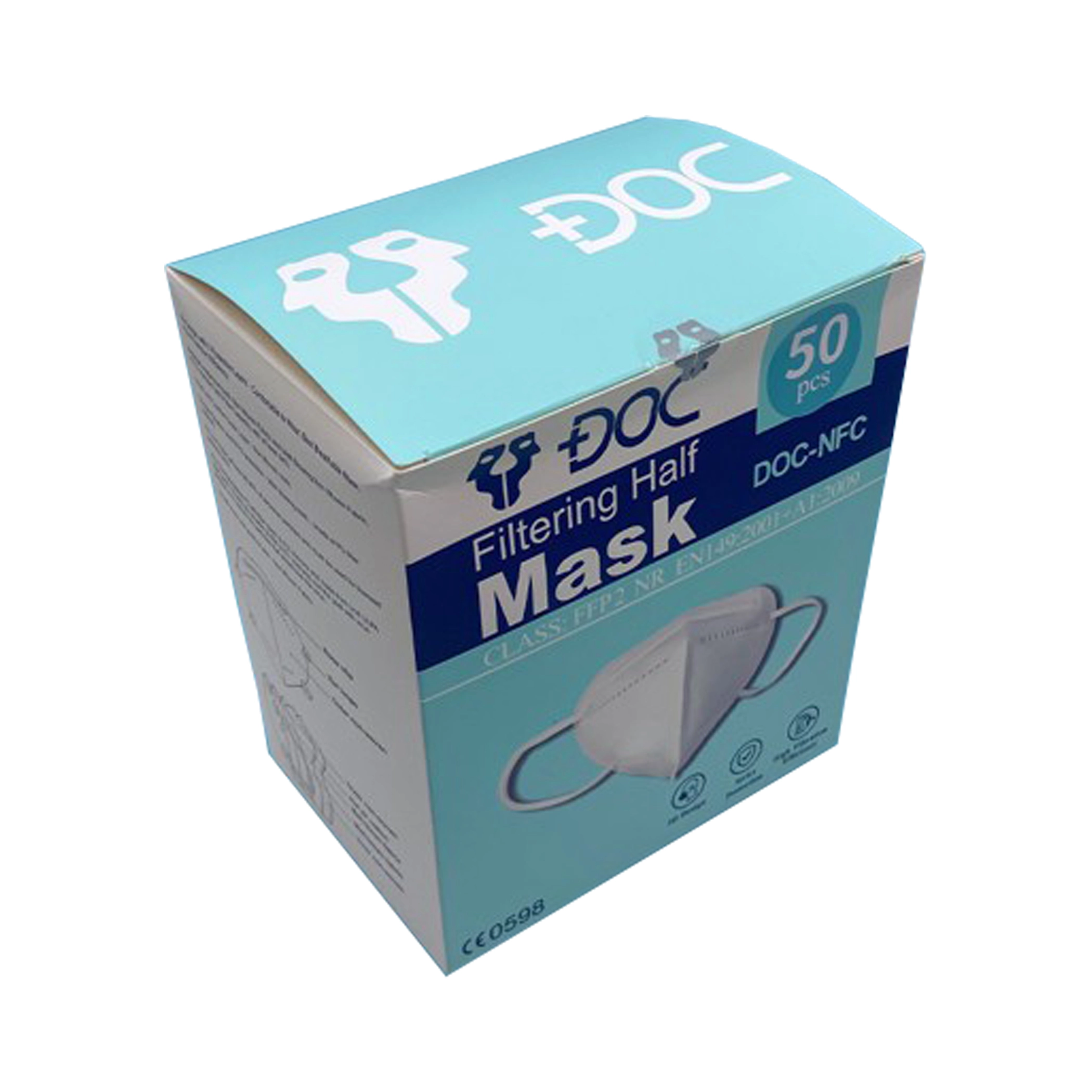 DOC NFC fülpántos FFP2 maszk, fehér, 5 rétegű, gumis, BELSŐ ORRMEREVÍTŐVEL, 1 db