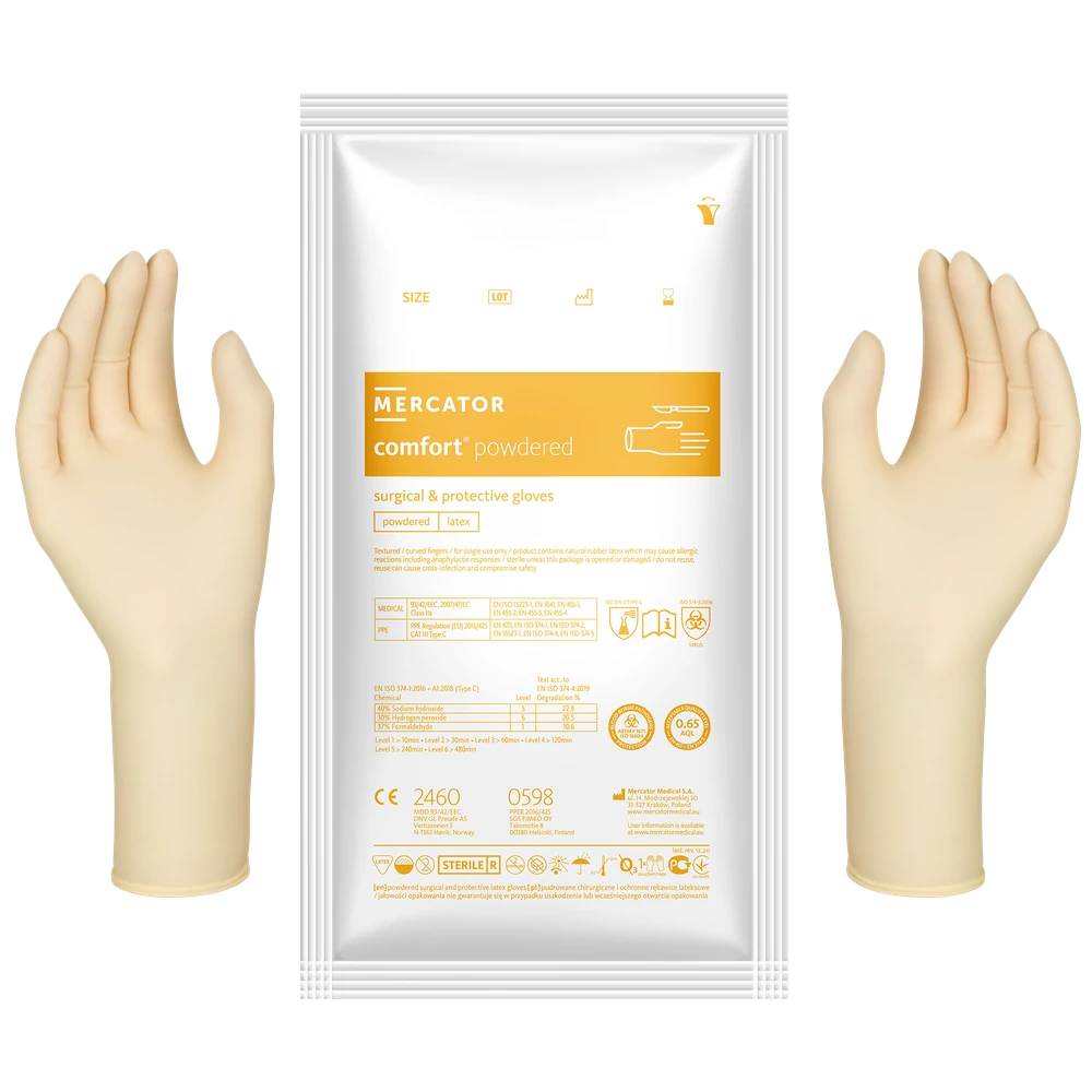 COMFORT sterile surgical gloves, latex, powdered (1 pair) - various sizes