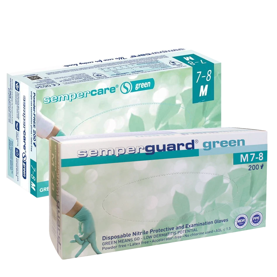 Semper® GREEN (nemcsak nevében zöld) púdermentes nitril kesztyű, 200 db/doboz