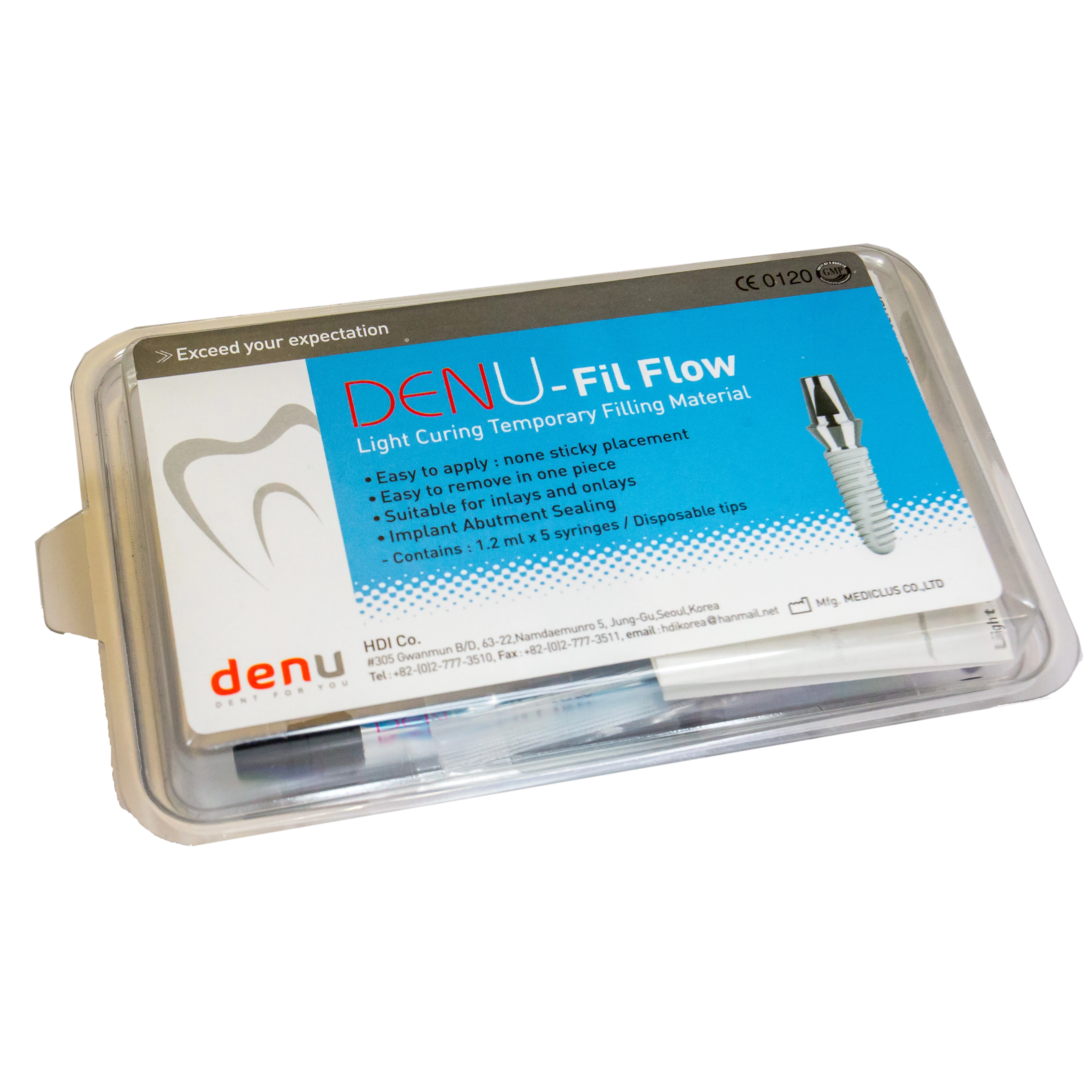 DENU fil flow,sárga, implantátumfejek lezárásához id. foly. tömőanyag, 5x1,2 ml (2g) + 10 db kanül