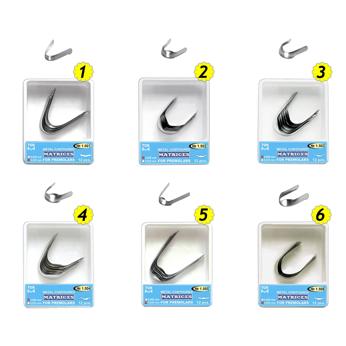 TOR - Circular embossed metal matrices for premolars, 0.035mm, 5 mm, 12 pieces - in various designs