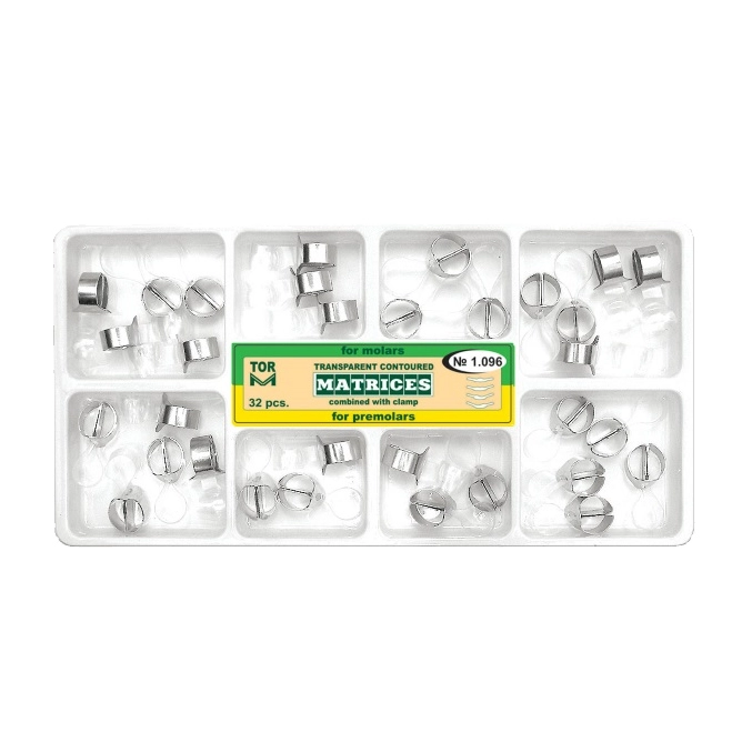 Transparent Contoured Matrices Combined with Clamp, for premolars and molars, 32 pcs, No.1- 4.
