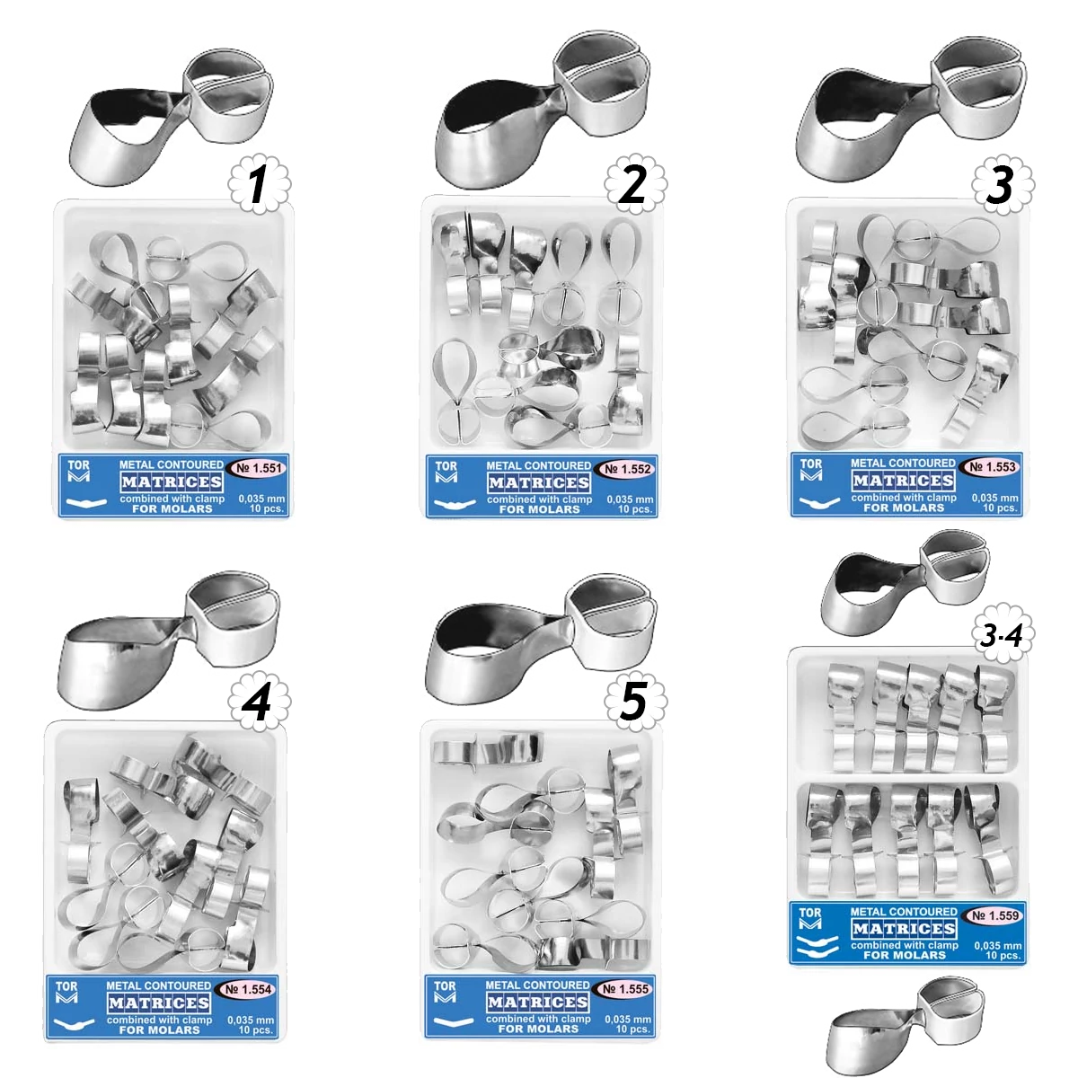 TOR - Embossed metal matrices with clamp for molars, 0.035mm, 10 pieces - in various designs