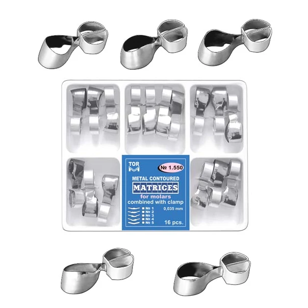 TOR - Matrici metalice în relief cu clemă pentru molari, tipuri 1-5, 0.035mm, 16 bucăți