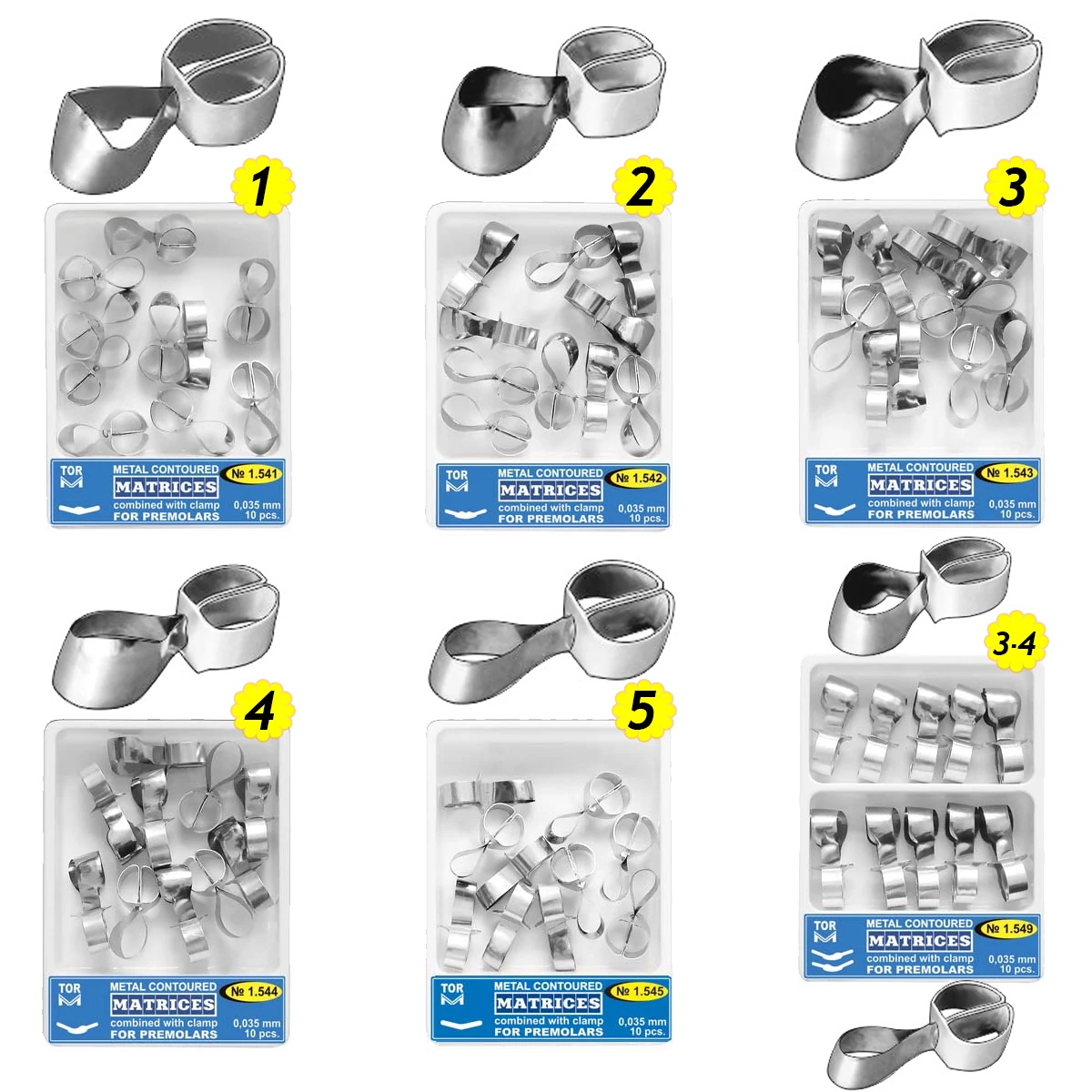 TOR - Embossed metal matrices with clamp for premolars, 0.035mm, 10 pieces - in various designs