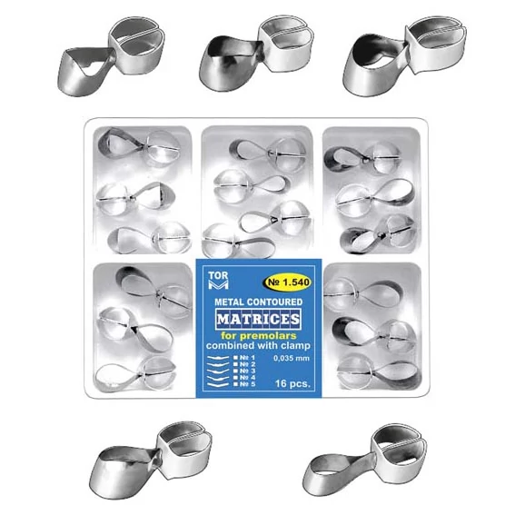 TOR - Embossed metal matrices with clamp for premolars, type 1-5, 0.035mm, 16 pieces